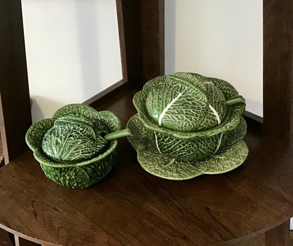 TWO CABBAGE SERVING POTS WITH SPOONS AND A PLATE Second Chance